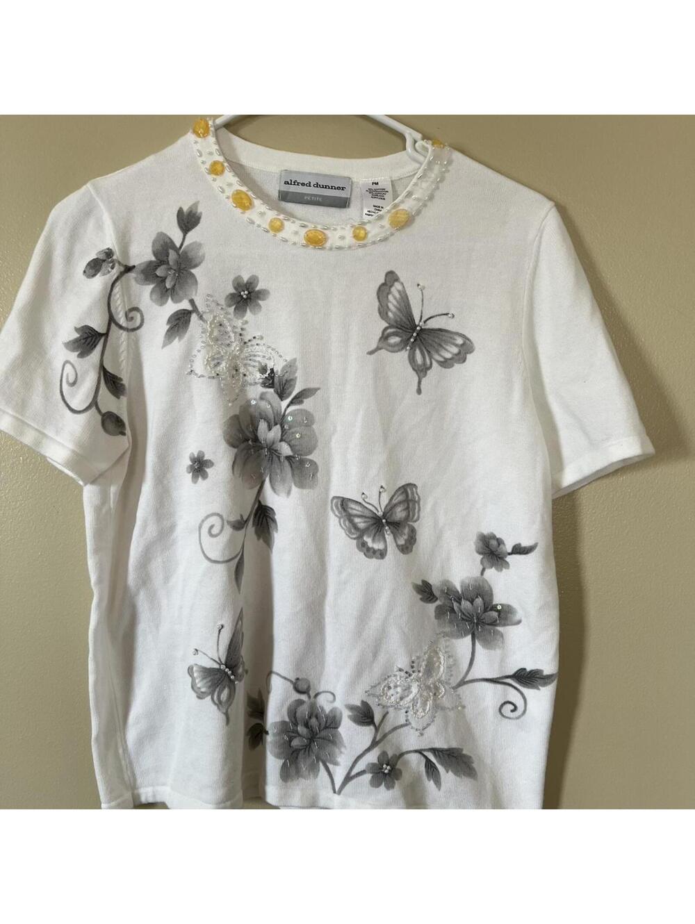 Alfred Dunner Petite Medium White Floral Beaded Top PM